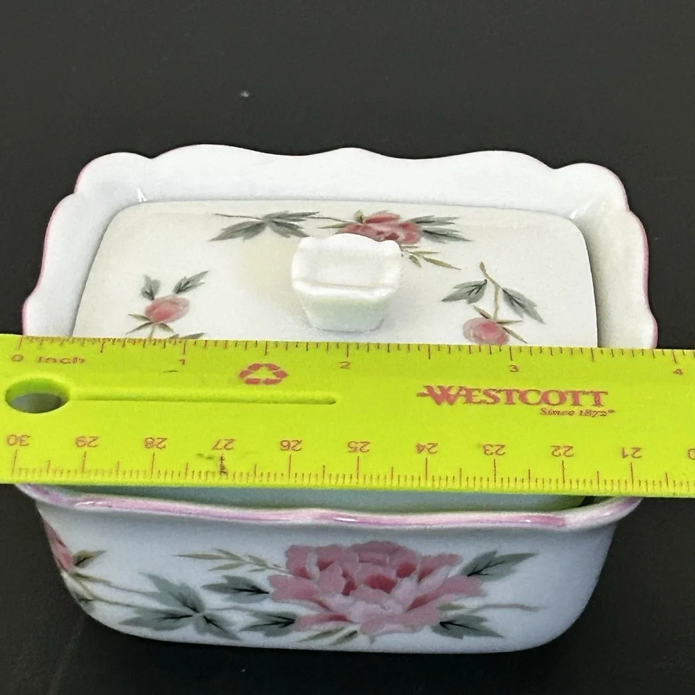 Vintage Andy Panda Japan Pink Rose Floral Porcelain Square Lidded Trinket Box